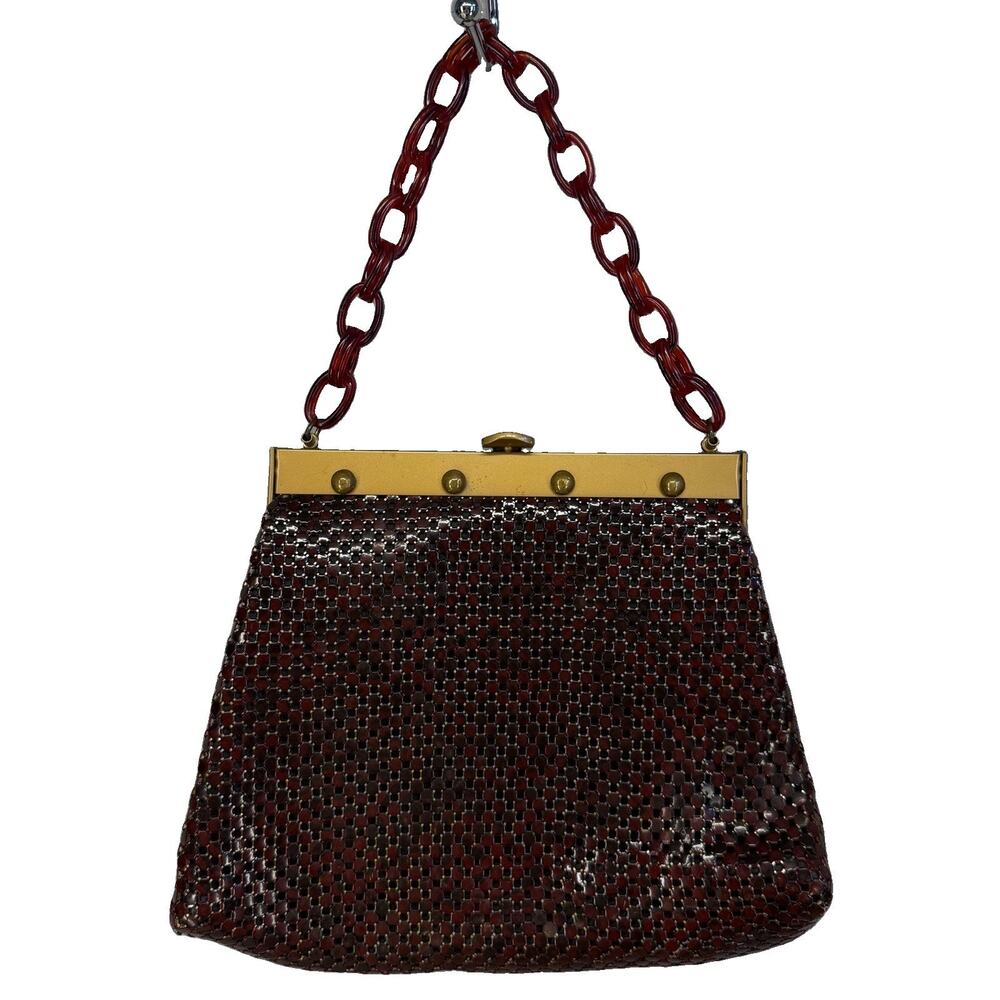 Vtg WHITING & DAVIS Metal Mesh BROWN Purse w/ CELLULOID Plastic Chain Handle